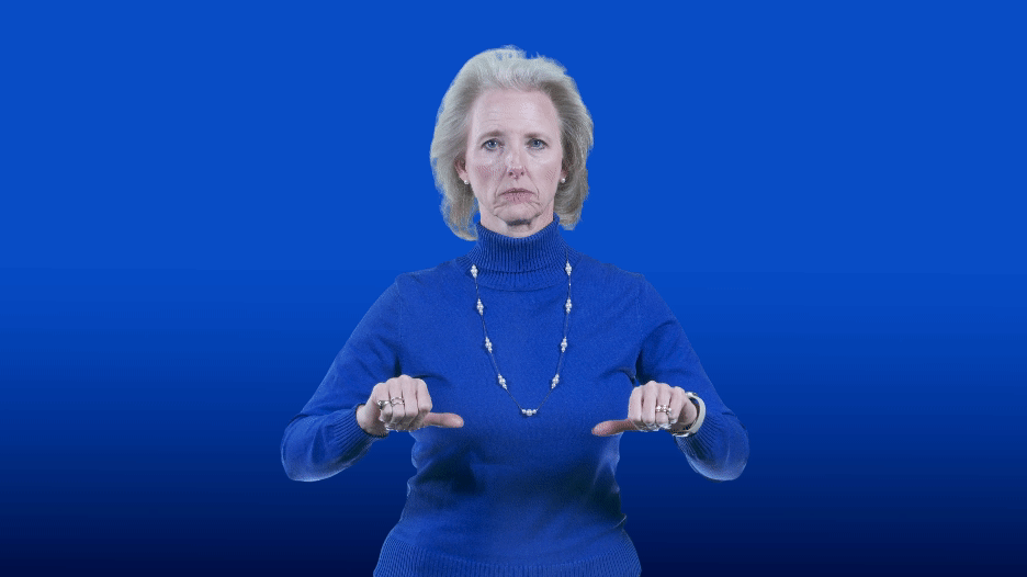 A woman signs the word 'science' and then spells it out using American Sign Language.