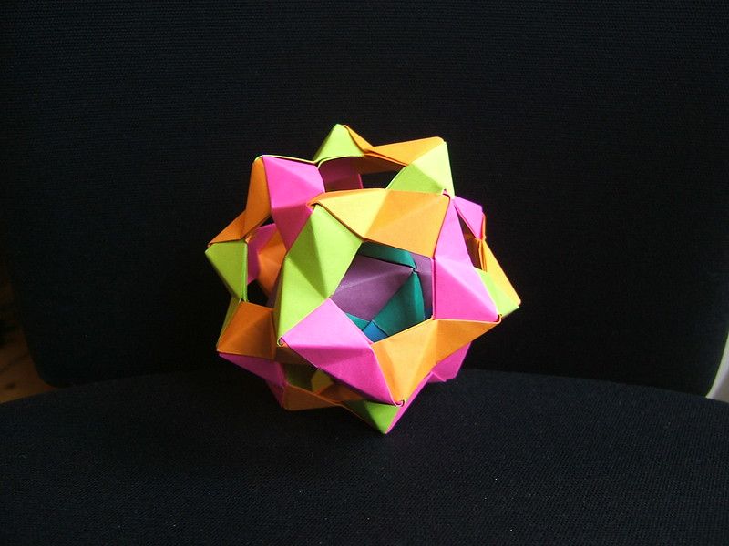 A polyhedron  made out of colorful paper folded together