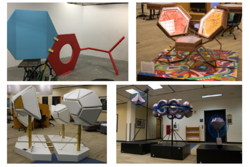 A mosaic of photos show a variety of colorful sculptures