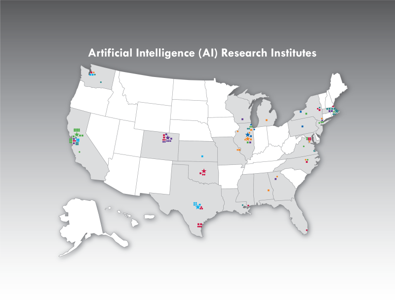 Map of the United States displaying the locations of the new AI research institutes