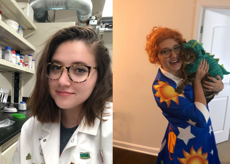 A woman in a white lab school smiles and also appears in an adjacent image in a "Ms Frizzle" character costume