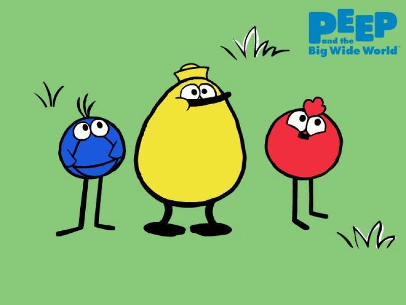 Three cartoon birds pose on a grass field 