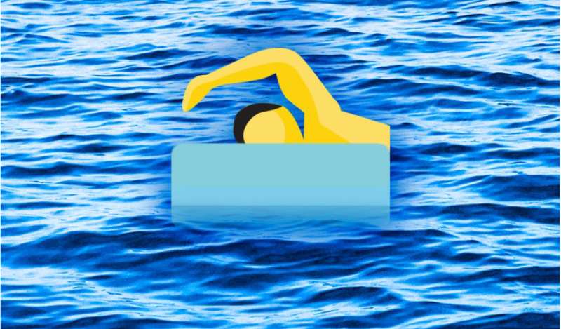 emoji swimmer superimposed over image of water