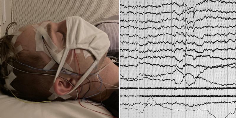 a man in a mask reclines on a pillow and an image of an eeg readout