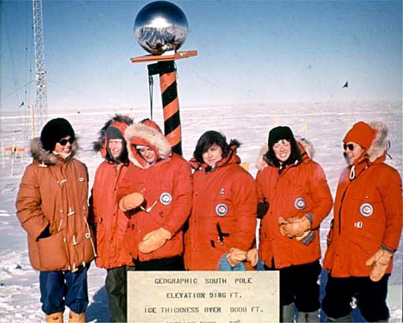 Six women in cold weather gear stand in the snow in front of a marker that indicates the South Pole