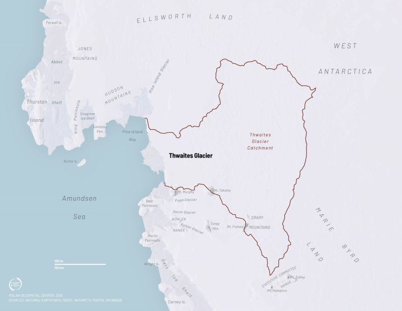 A map of Antarctica that outlines the Thwaites glacier 
