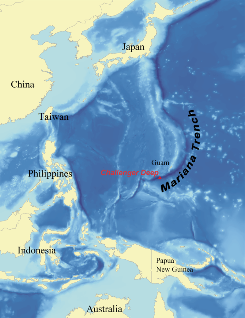 Map of Challenger Deep in western Pacific Ocean