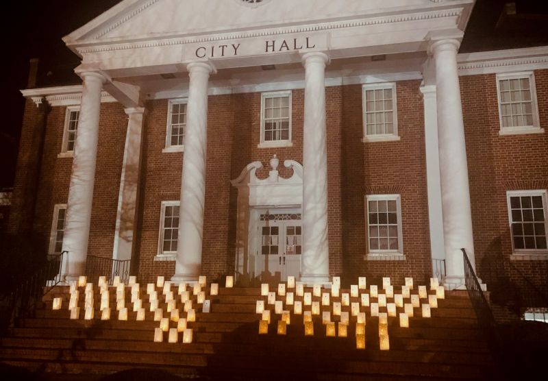 Government building with commemorative candles
