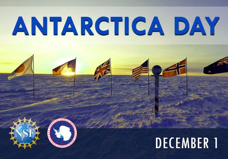 An image of the South Pole surrounded by flags of Antarctica Treaty Nations