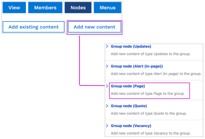 Select Add new content and then select Group node