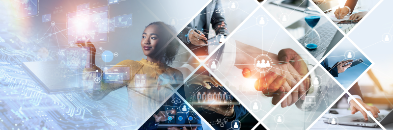 tech banner with people interacting with tablets and computer screens