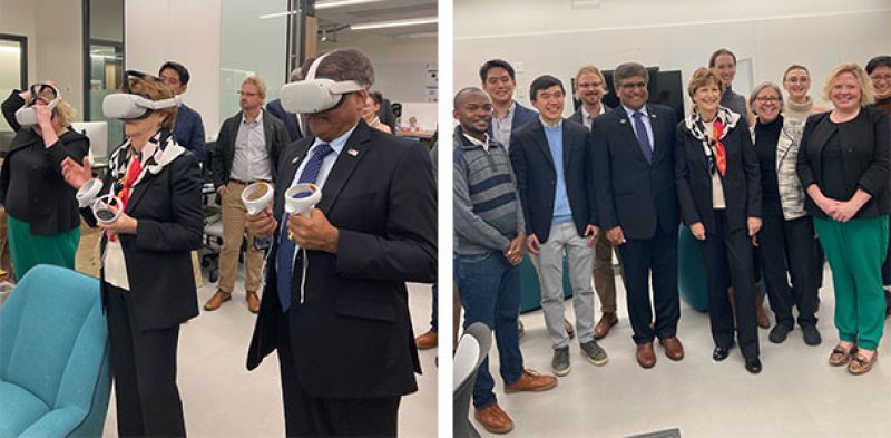 Two collage photos - Left photo: Director Panch trying out virtual goggles. The right photo is a group photo