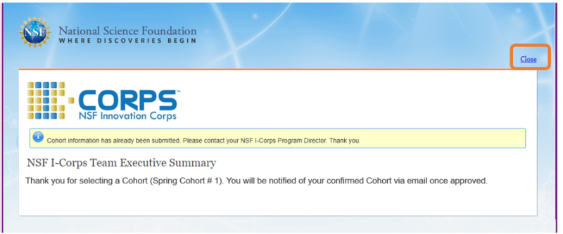 Graphic User Interface highlighting Close