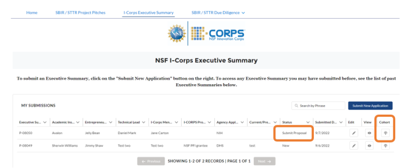 Graphic User Interface highlighting Submit Cohort