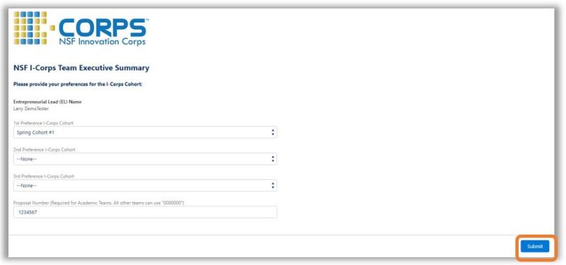 Graphic User Interface example showing I-Corps Cohort submission