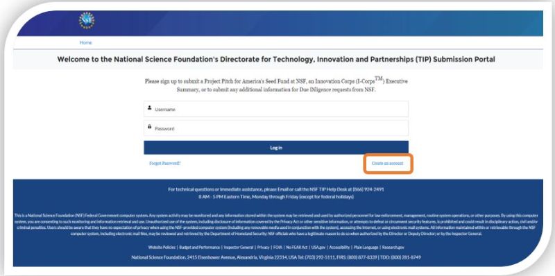 Graphic User Interface with Create an account highlighted.