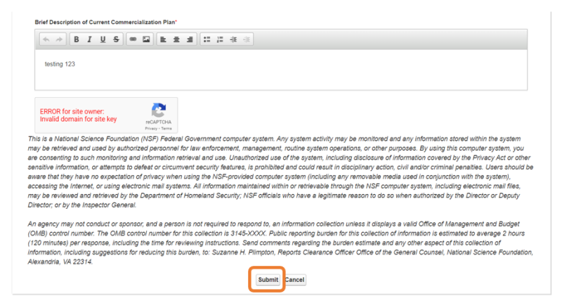 Graphic User Interface highlighting Submit Form