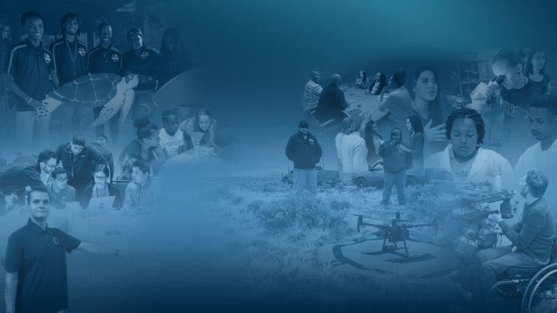 Collage of persons with disabilities and people of different ages, ethnicities and races doing research and learning.