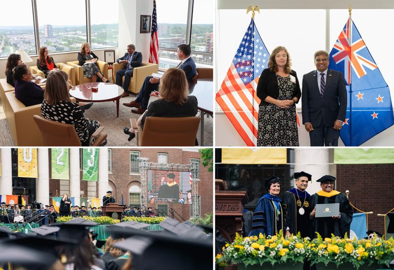 a collage of director pach with colleagues and also at a ceremony