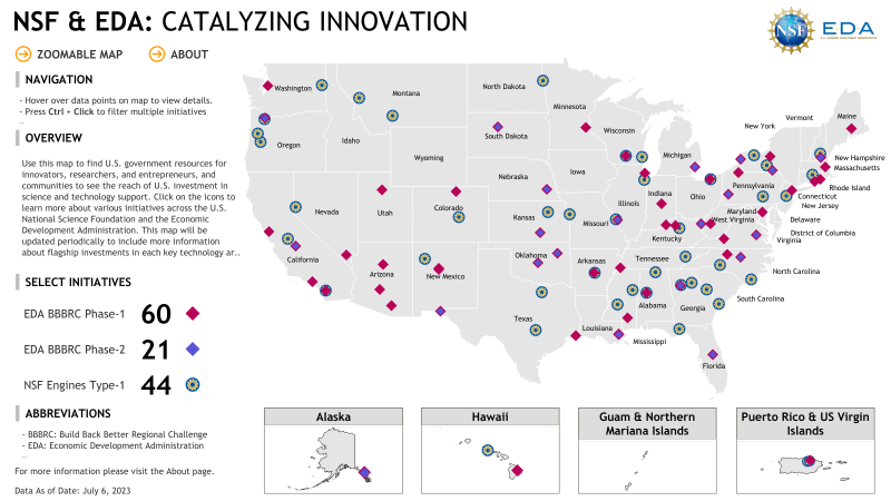 Use this map to find U.S. government resources for innovators, researchers, and entrepreneurs, and to see the reach of U.S. investment in science and technology support. Click on the icons to learn more about various initiatives across the U.S. National Science Foundation and the Department of Commerce. This map will be updated periodically to include more information about flagship investments in each key technology area as outlined in the "CHIPS and Science Act of 2022."