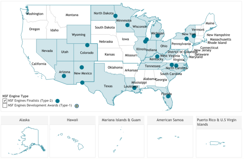 United States Map showing the location of NSF Engines Finalists for Type 2 Awards