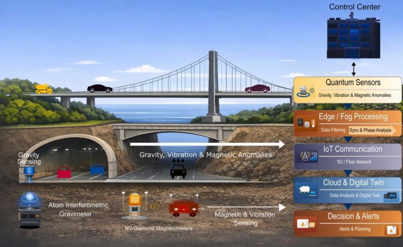 Quantum sensor system monitoring bridge and tunnel traffic anomalies