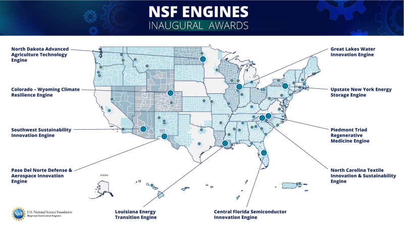 United States Map showing the NSF Engines Inaugural Awards