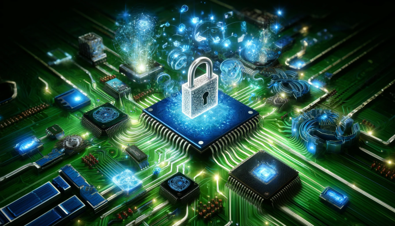 A graphic featuring a circuit board with a central lock symbol, intended to showcase a capability sheet related to digital security.