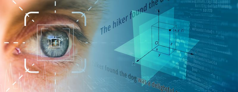 Close-up of eye looking at text with a tech background