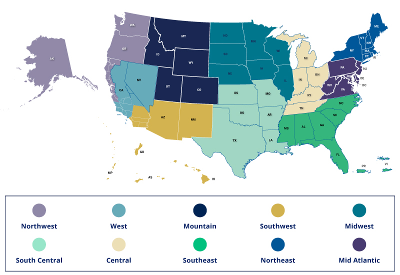 A small map of the United States displaying the different NSF Convergence Accelerator regions according to color. Text in key: “Northwest (gray); West (light blue-green); Mountain (indigo); Southwest (yellow-brown); Midwest (dark blue-green); South Central (light green); Central (khaki); Southeast (green); Northeast (blue); Mid Atlantic (purple).