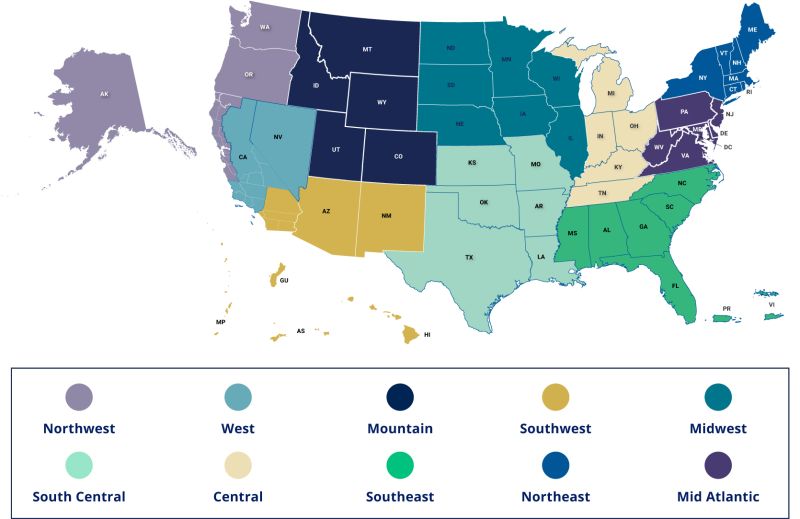 A map of the United States displaying the different NSF Convergence Accelerator regions according to color. Text in key: “Northwest (gray); West (light blue-green); Mountain (indigo); Southwest (yellow-brown); Midwest (dark blue-green); South Central (light green); Central (khaki); Southeast (green); Northeast (blue); Mid Atlantic (purple).