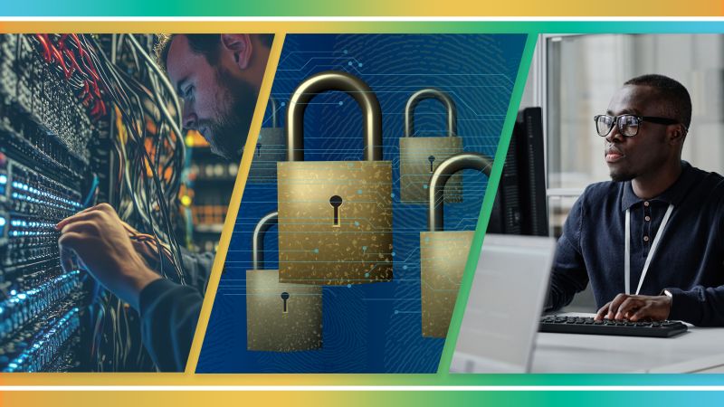 A technician connecting cables to a supercomputer, an illustration of a padlock, and a person sitting at a personal computer.
