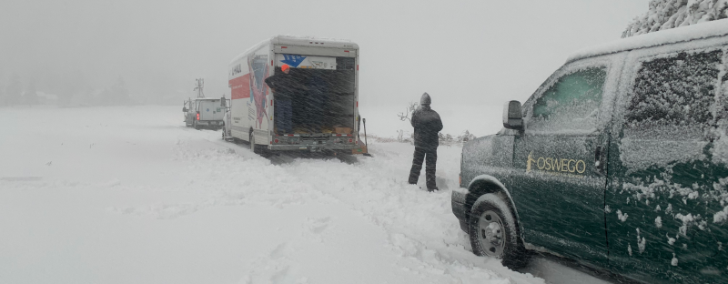 Low visibility in a lake-effect snow squall during IOP2 equipment preparations.