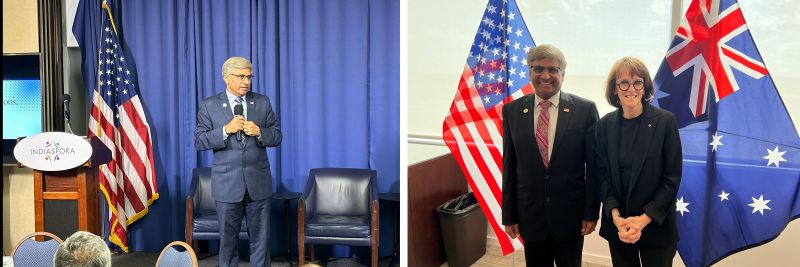 image left: Director Panch stands with microphone in hand on stage with blue curtain background and American flag to his right. Image right: Director panch stands the a woman in between their country flags.h