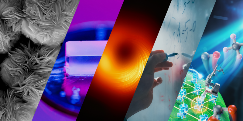 Five images depicting different areas of research in the mathematical and physical sciences, including materials, chemistry, astronomy, math and physics