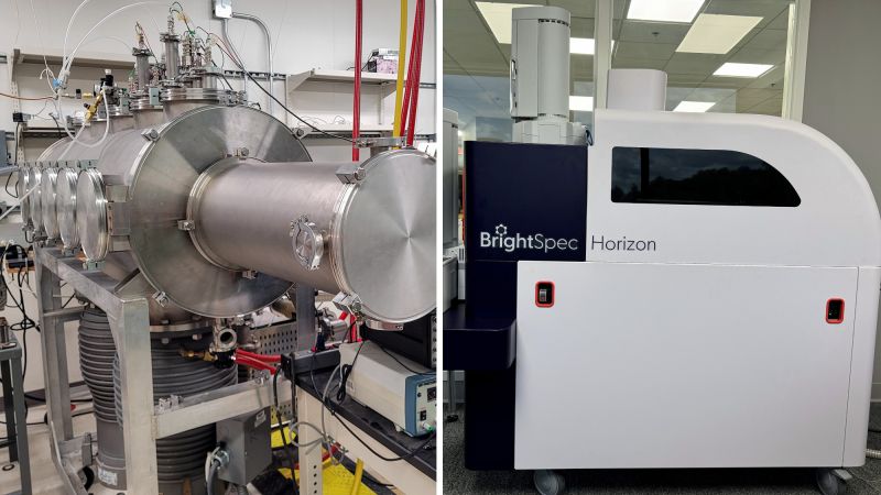 On the left: a complex large cylindrical apparatus in a lab with lots of wires. One the right: a slick looking mass-produced machine