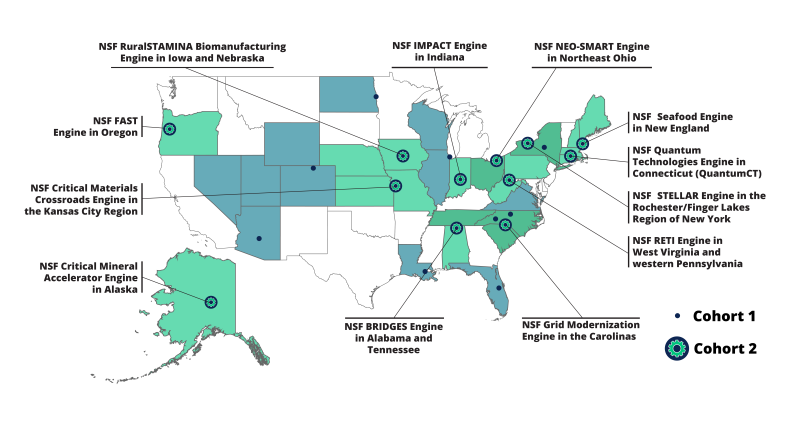 A map showing the locations of the U.S. National Science Foundation Regional Innovation Engines (NSF Engines) cohort 1 and 2.