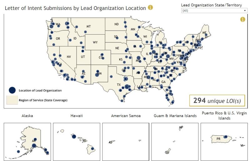 screen shot of NSF Engines letter of intent locations of lead organizations with 286 unique LOIs