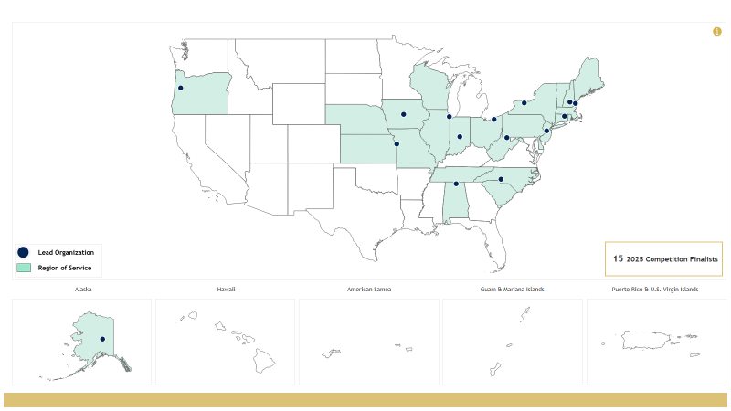 A map showing the locations of the U.S. National Science Foundation Regional Innovation Engines (NSF Engines) program's 15 finalists for 2025.