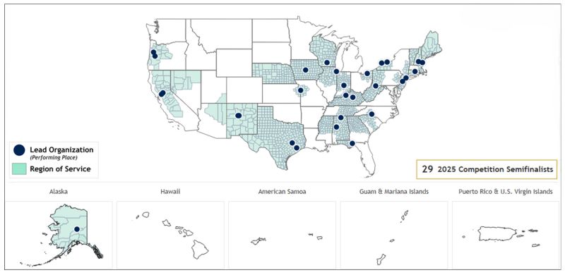 A map showing the locations of the U.S. National Science Foundation Regional Innovation Engines (NSF Engines) program's 29 finalists for 2025.