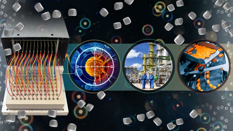 A collage showing microscopic nanocrystals and images representing cancer treatment, chemical manufacturing and pharmaceutical production