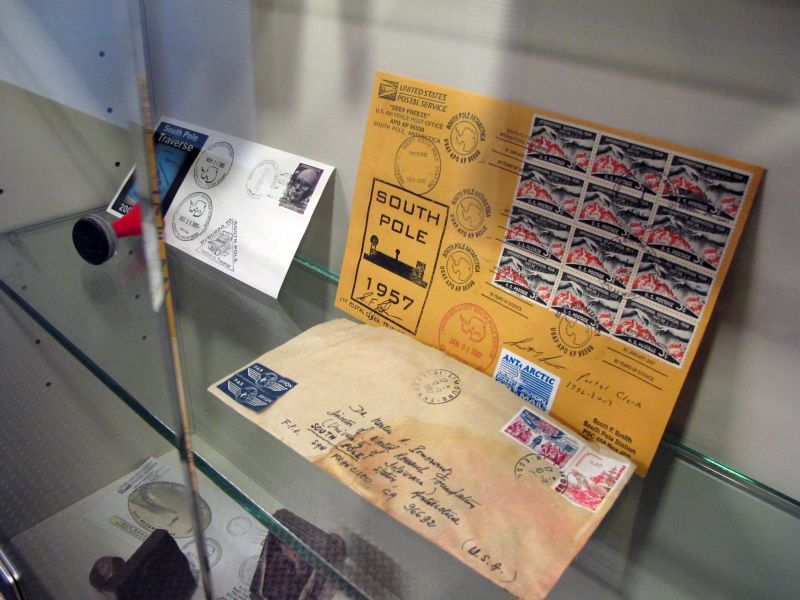 Historic envelopes on display at NSF Amundsen-Scott South Pole Station.