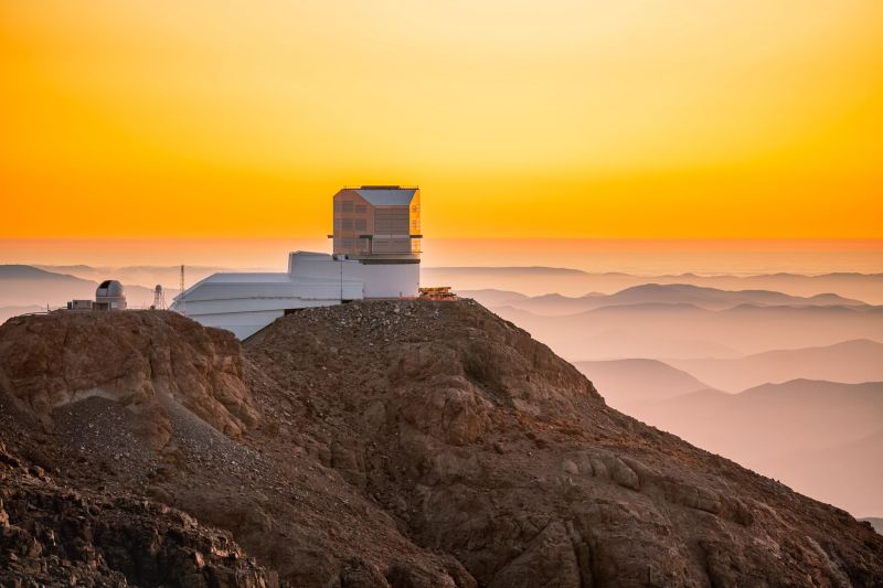 Photo of the NSF-DOE Vera C. Rubin Observatory on Cerro Pachón in Chile at dusk.