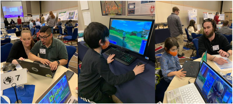 People of different ages interact with a video game designed to teach tick hunting