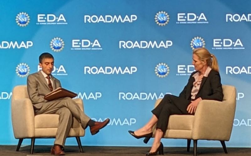 Erwin Gianchandani and Margaret O'Mara speak on stage at the 2024 ROADMAP summit