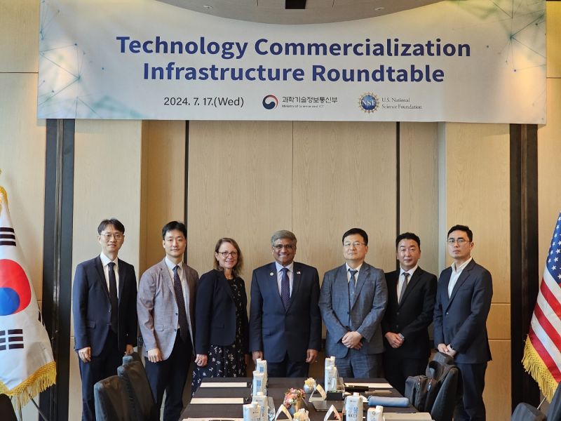 a wall banner at the top displaying Technology commercialization infrastructure  roundtable and then a group of people in suits below the banner