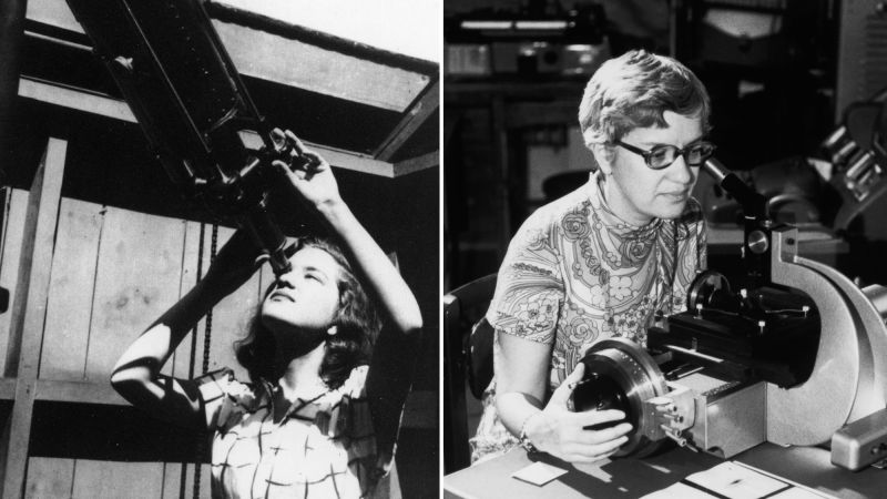 Two black and white images of Vera Rubin at different points in her career.