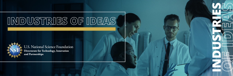 banner with scientist huddling and text displayed saying industries of ideas