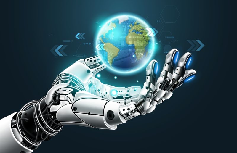 abstract image of a robot hand holding the earth globe in its hand