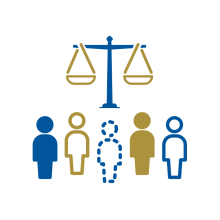 Five people standing in front of balance scale, one drawn in dotted lines